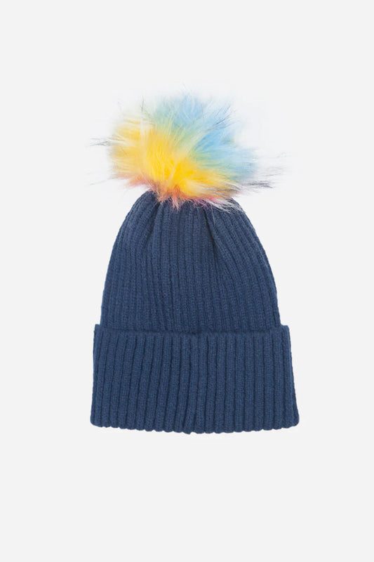 Navy PomPom Hat with Rainbow PomPom