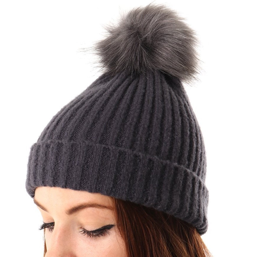 Ribbed PomPom Hat - Airforce Blue
