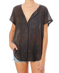 Loose slate embroidered cotton top