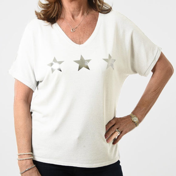 Triple Star Tee shirt - White and Silver