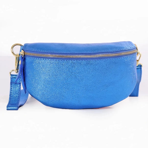 Metallic Blue Leather Half Moon Crossbody Bag