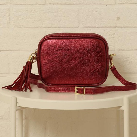 Italian Leather Metallic shoulder bag - Burgundy