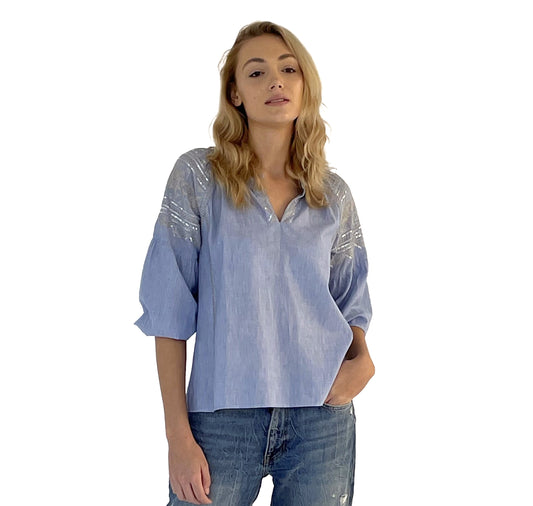 Embroidered longer sleeve blouse - blue