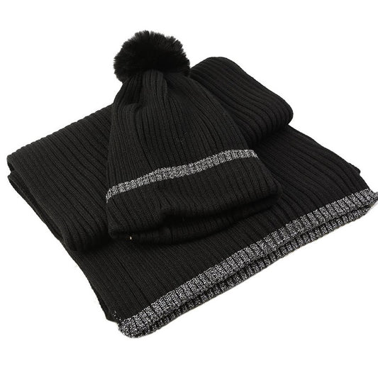 Knitted Black/Silver Scarf and Hat