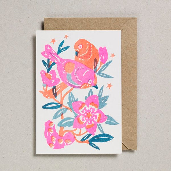 Neon Lovebirds Riso Print Card