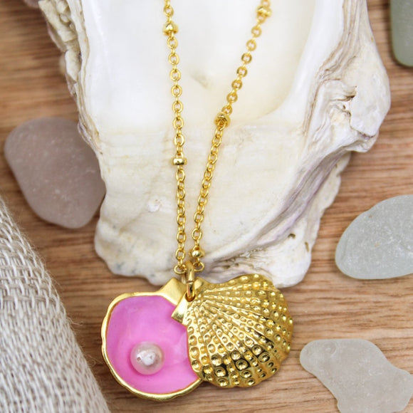 Pink enamel shell charm necklace
