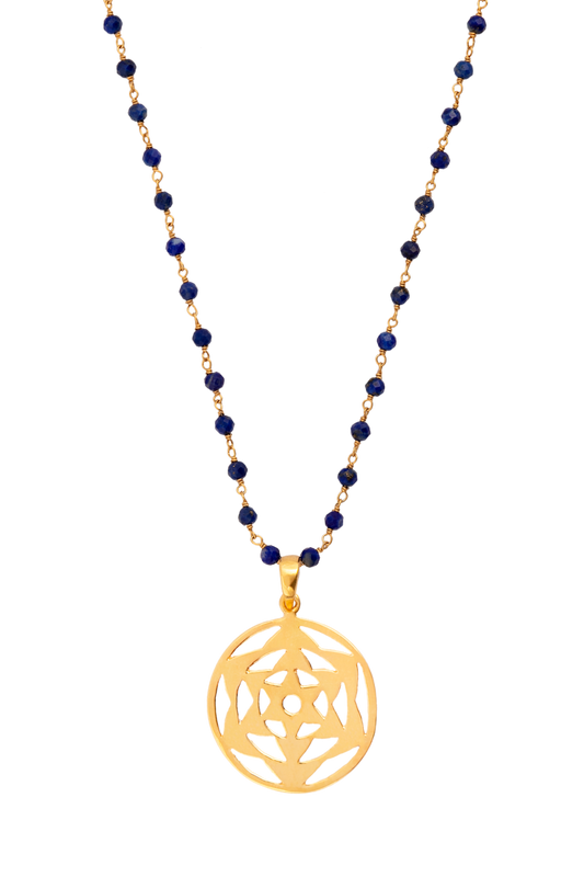 Flower cut Disc Necklace - Lapis chain