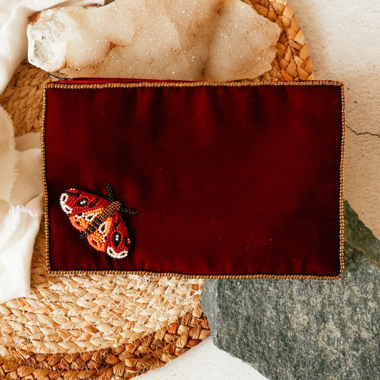 Large Beaded Velvet Pouch - Moth