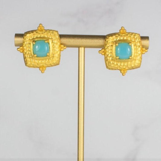 Gold and aqua square earrings