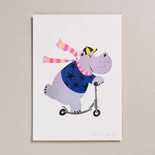 A4 Hippo on a Scooter Print