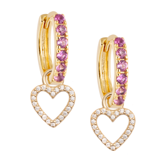 Pink zircon hoops with diamanté heart charms