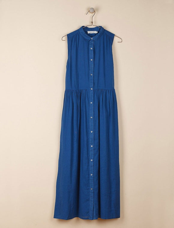 Long Cotton button down sleeveless dress - Blue