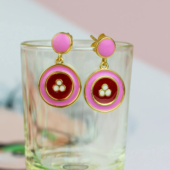 Pink button drop earrings