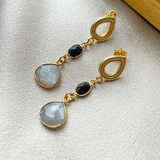 Triple drop Navy Sunstone & Grey Moonstone earrings