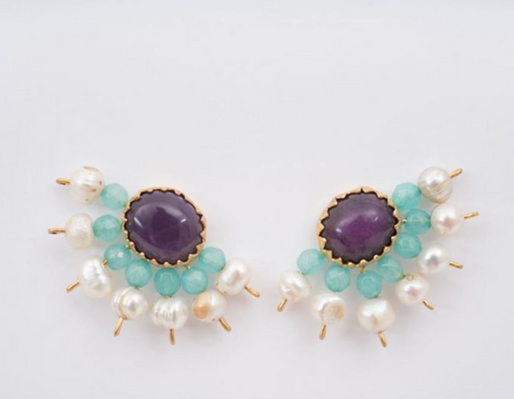 Fan Earrings  - Pearl and Turquoise
