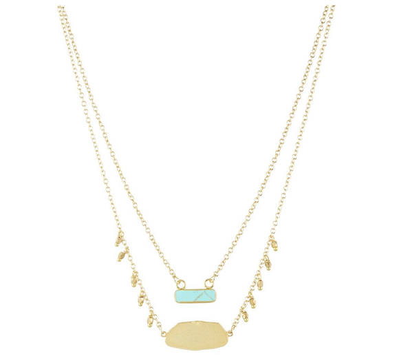 Double layer necklace with turquoise and gold plate