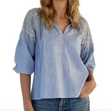 Embroidered longer sleeve blouse - blue