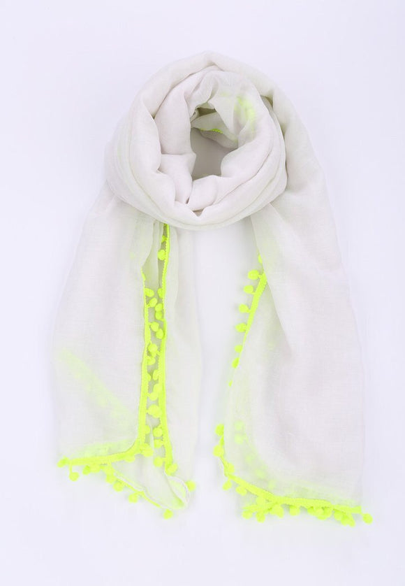 White scarf with neon yellow pompom trim