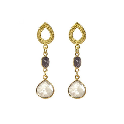 Triple drop Navy Sunstone & Grey Moonstone earrings