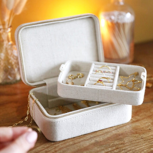 Rectangular natural linen travel jewellery case