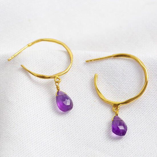 Amethyst Purple drop hoop Earrings - February birthstone