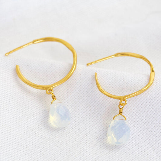 Glass Opal drop hoop Earrings - April birthstone