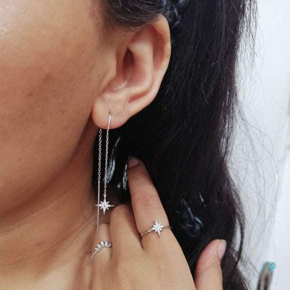 Silver starburst threader earrings